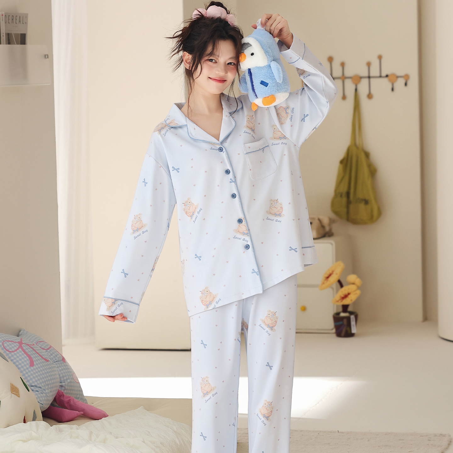 13836912.猫人纯棉女士睡衣秋冬新款卡通甜美开衫可外穿家居服睡衣套装