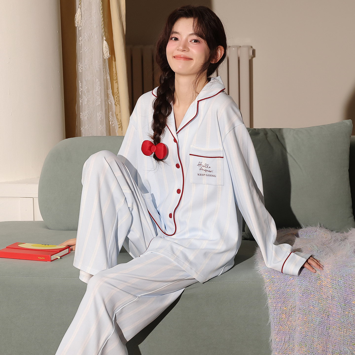 13836925.猫人女士纯棉长袖睡衣夏季新款长袖长裤卡通家居服开衫翻领两件套