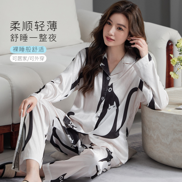 13836613.捡漏【冰雪丝缎面】居家亲肤高级感猫咪印花长袖睡衣套装女空调房
