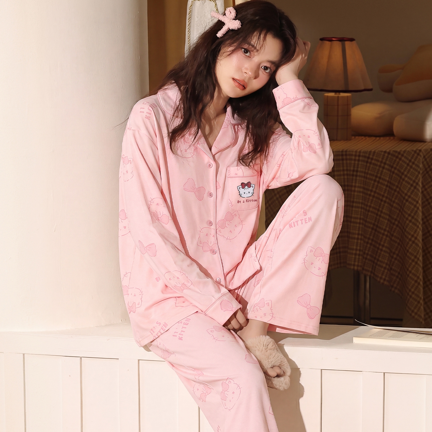13836933.猫人长袖睡衣女款春秋季新款长裤纯棉大码休闲舒适开衫家居服套装