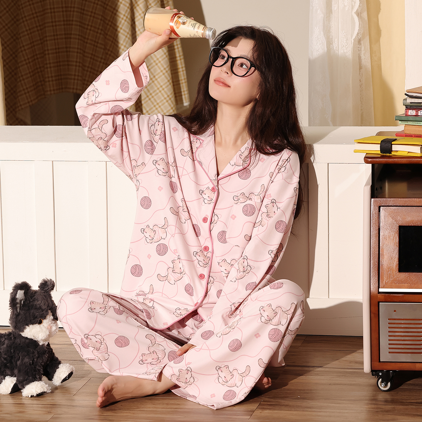 13836920.猫人睡衣女款新款高级感秋春季纯棉女士长袖唯美家居服套装秋