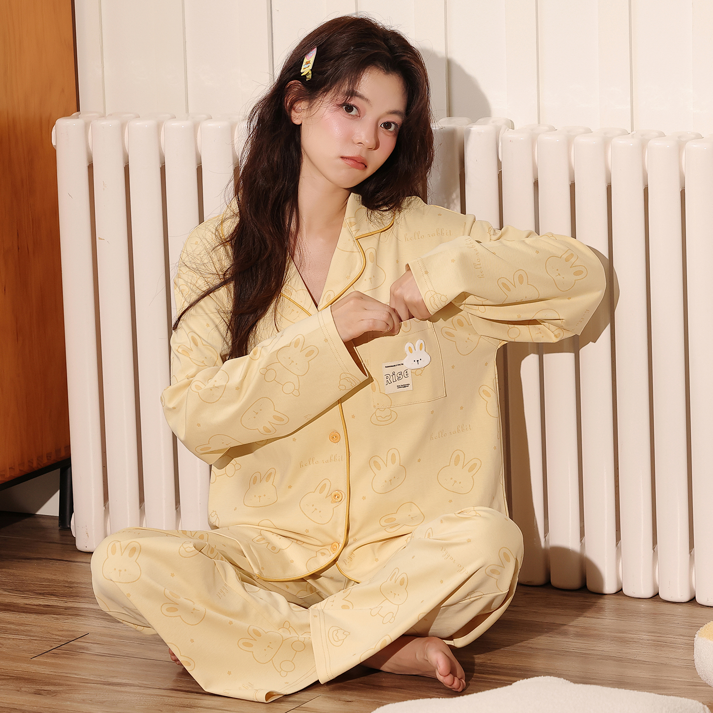 13836924.猫人睡衣女士款春秋款新款纯棉长袖开衫可外穿大码家居服套装