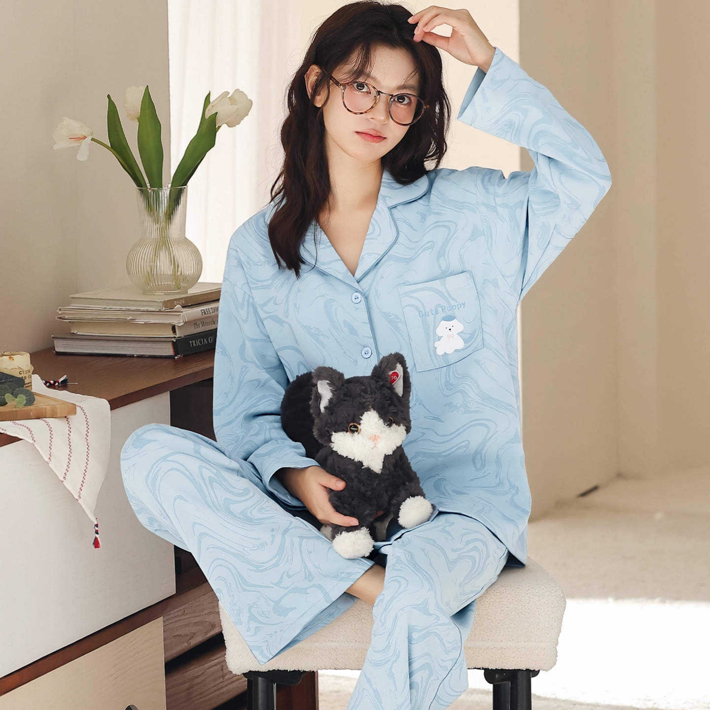 13836913.猫人睡衣女春秋季款纯棉长袖开衫圆领束口脚高级感女士家居服套装
