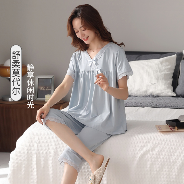 13836602.【柔软亲肤】睡衣女长袖长裤高级清新纯色透气家居服套装