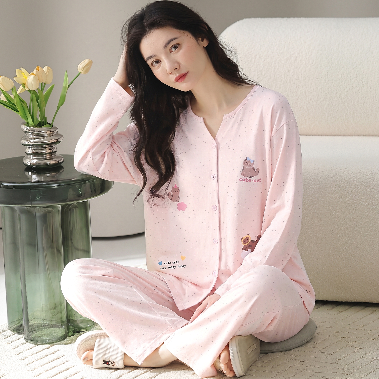 13836907.猫人女士翻领睡衣纯棉长袖新款秋冬高端休闲家居服可外穿套装