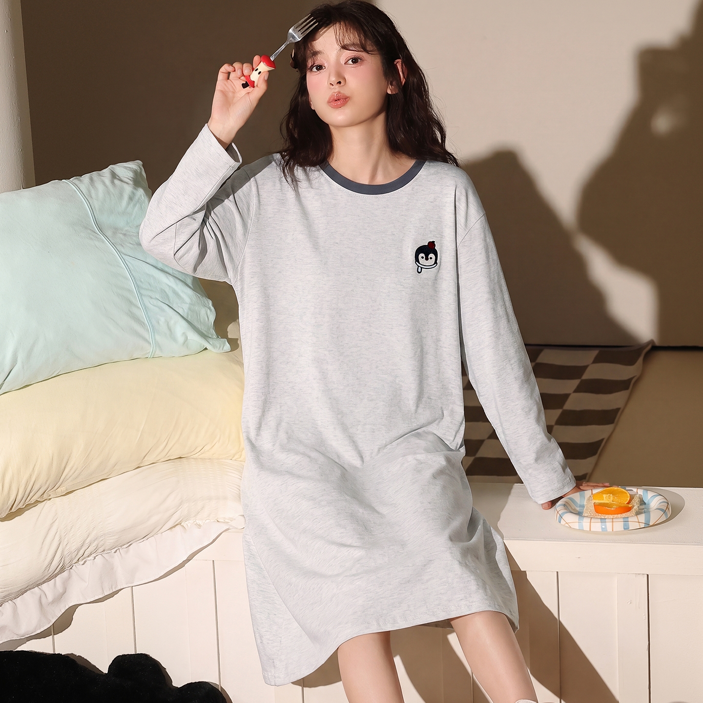 13838071.猫人100%棉睡裙女款纯棉长袖新款秋季舒适居家女士连衣裙睡衣