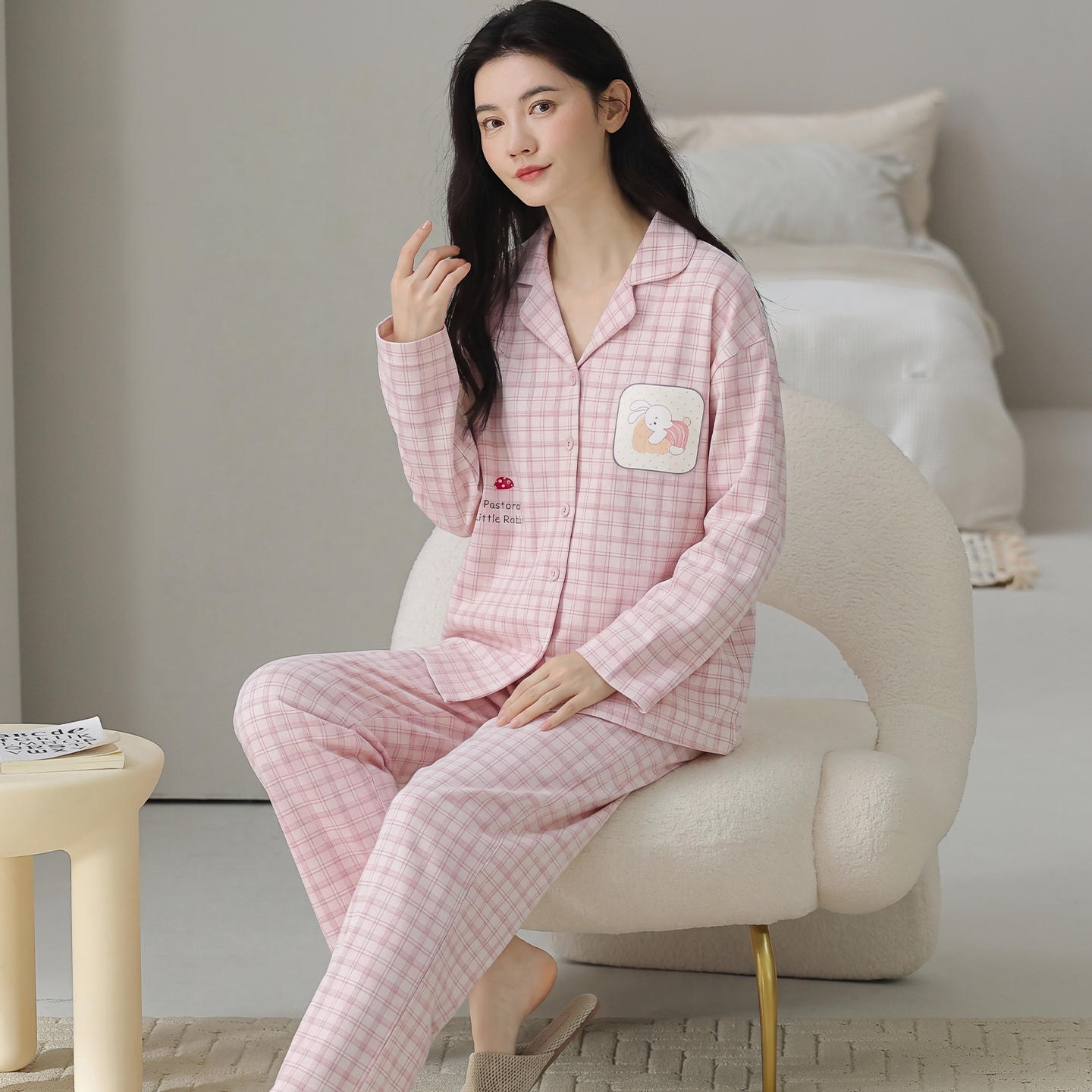 13838095.猫人睡衣女夏季纯棉凉感柔软短袖长裤开衫翻领可爱卡通家居服套装