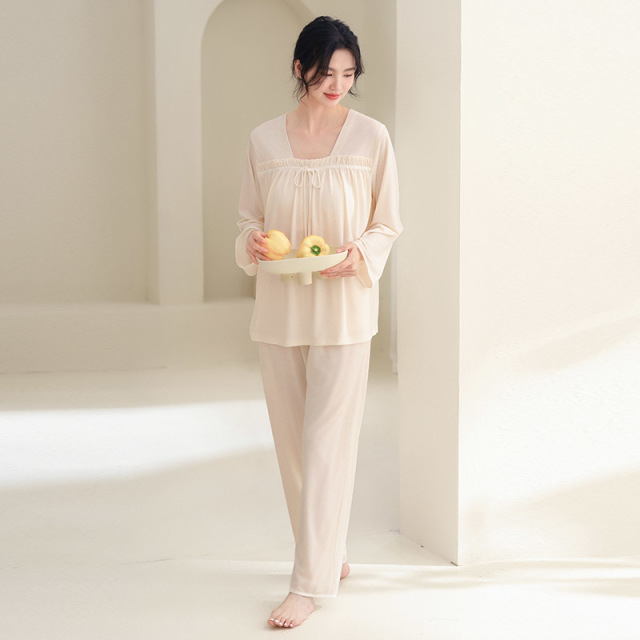 13837811.派邦奴莫代尔睡衣女春秋长袖长裤薄款简约宽松家居服fd