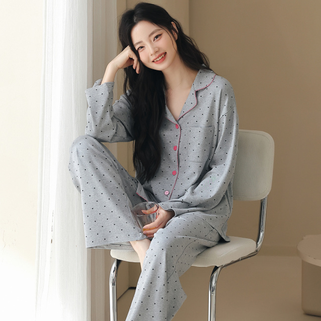 13838115.猫人长袖睡衣女款秋春纯棉开衫大码舒适居家松弛感全棉家居服套装