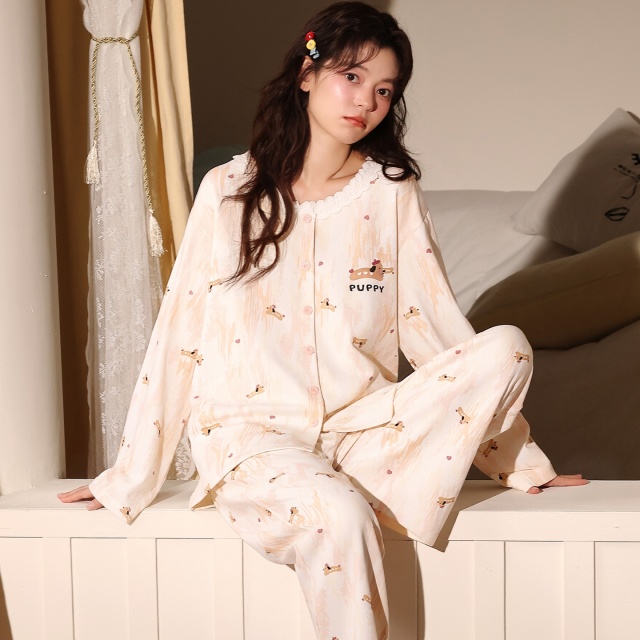 13838091.猫人纯棉长袖睡衣女款春秋季秋新款开衫简约可外穿家居服套装