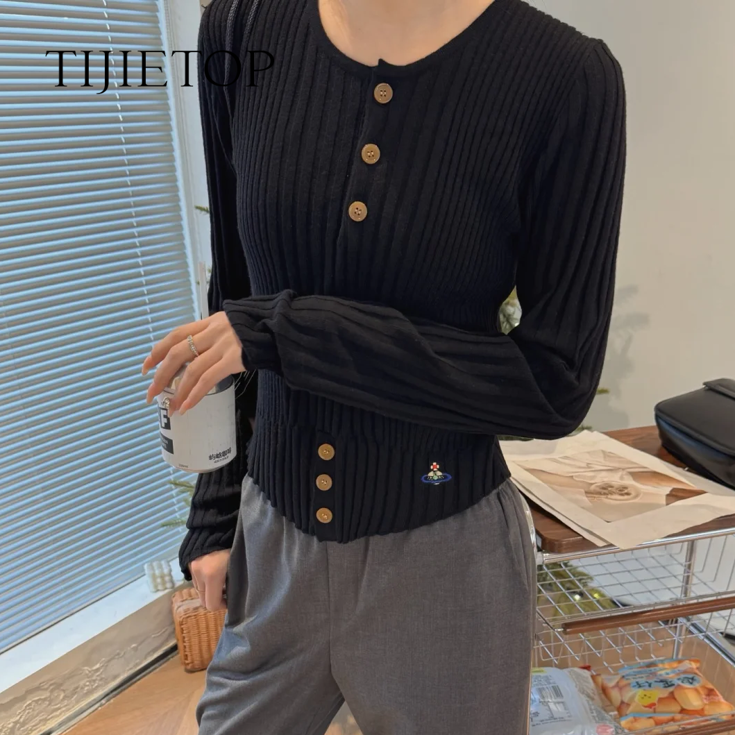 13791620.2026新款土星刺绣绝美沙漏腰套头长袖简约坑条针织不规则修身薄款针织衫 0203311860