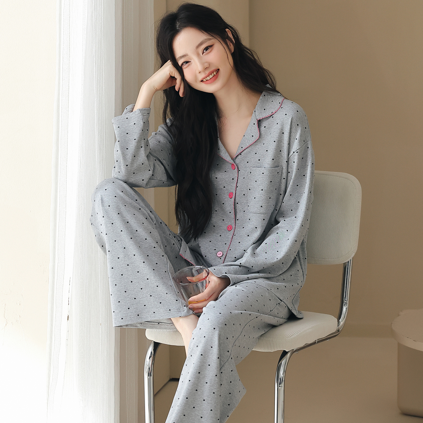13838115.猫人长袖睡衣女款秋春纯棉开衫大码舒适居家松弛感全棉家居服套装