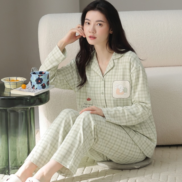 13838096.猫人纯棉睡衣女款秋冬季长袖可外穿高级感阔腿裤家居服套装