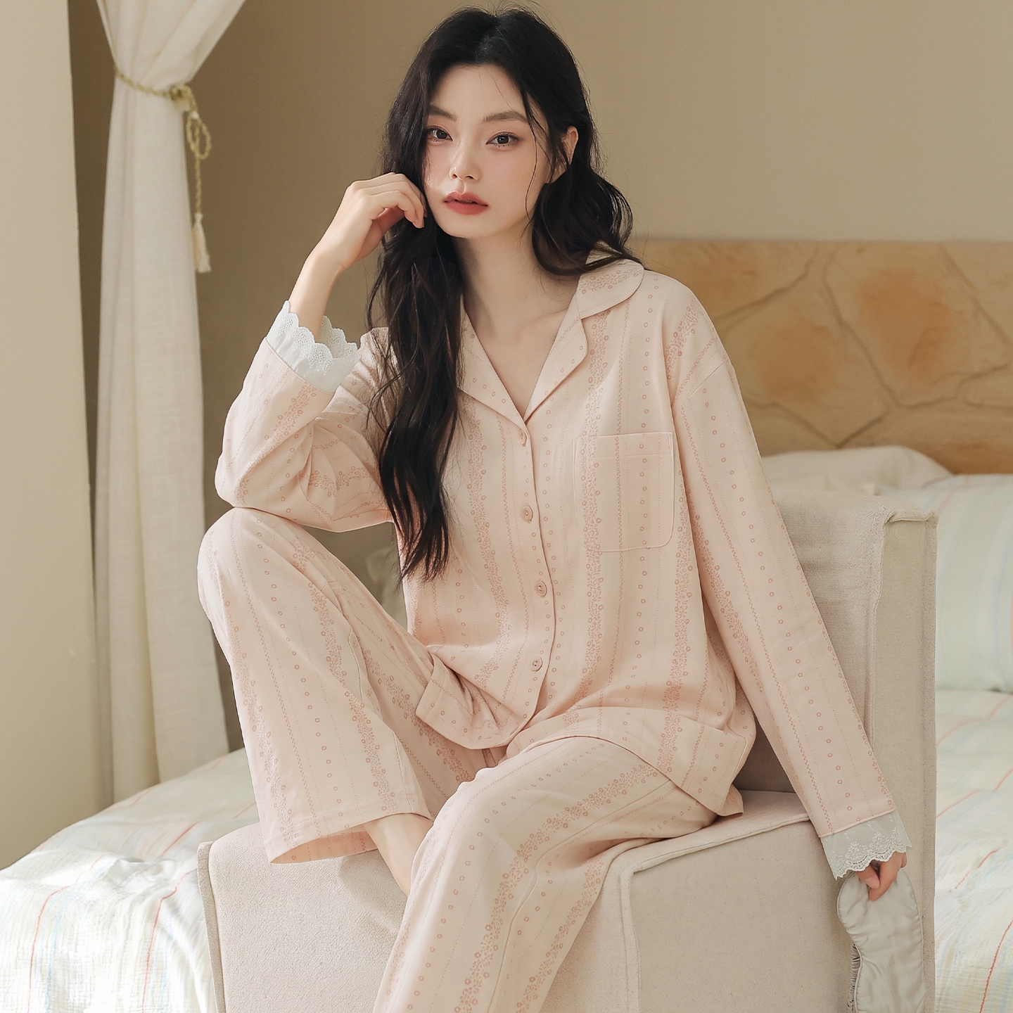 13838098.猫人纯棉短袖睡衣女士带胸垫长袖新款开衫春夏宽松家居服套装
