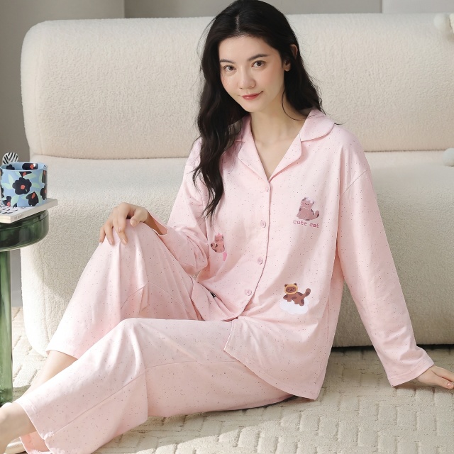 13838114.猫人女士纯棉长袖睡衣秋春新款开衫大码休闲舒适家居服套装可外穿