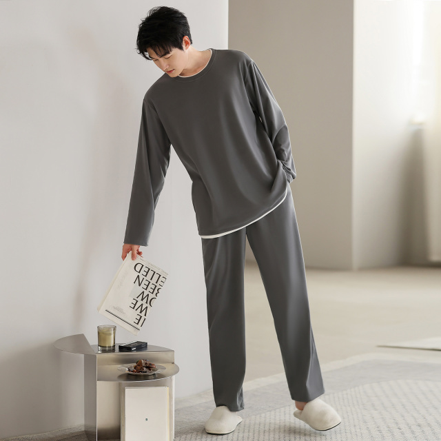 13837831.派邦奴秋冬款男士纯棉套头款简约纯色时尚感长袖睡衣套装fd