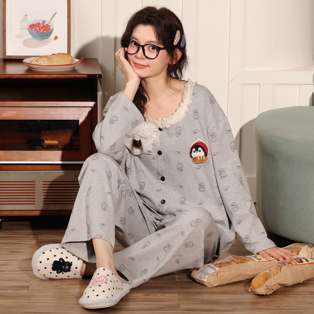 13838085.猫人女士睡衣100%纯棉春秋季长袖长裤开衫翻领家居服套装两件套