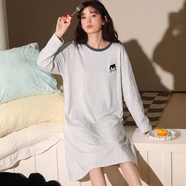 13838071.猫人100%棉睡裙女款纯棉长袖新款秋季舒适居家女士连衣裙睡衣