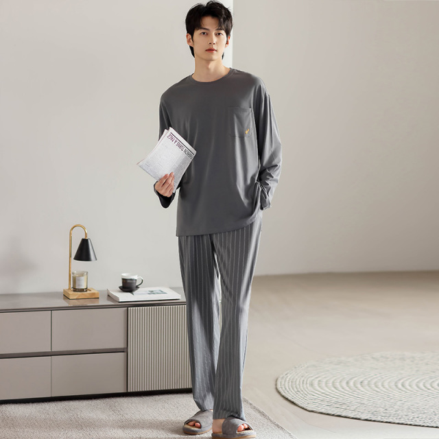 13837829.派邦奴冬季简约款纯色灰色系条纹显瘦男士睡衣套装fd