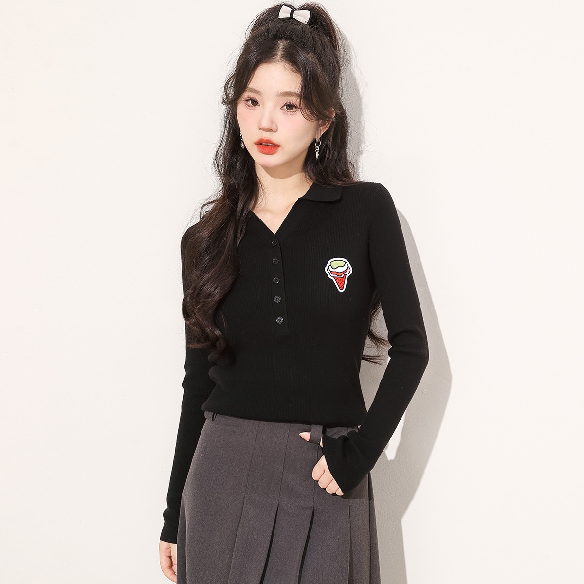 13841405.it CHOCOOLATE针织衫女秋季翻领长袖修身显瘦羊毛衫上衣女