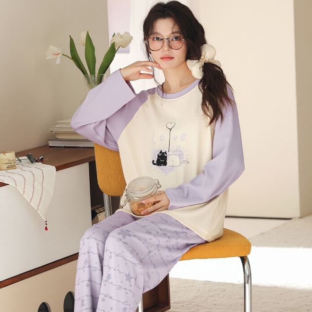 13840480.猫人纯棉睡衣女秋冬季长袖长裤圆领休闲风高级感可外穿家居服套装