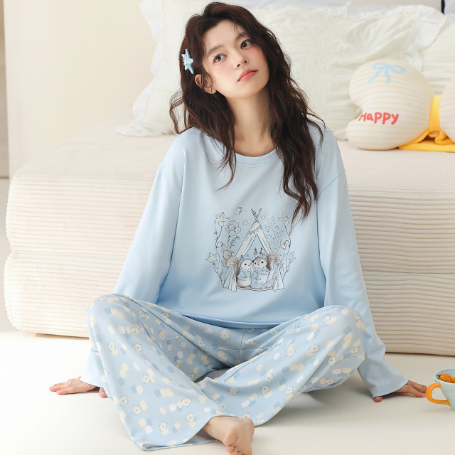 13840481.猫人纯棉睡衣女款新款长袖春秋季条纹休闲家居服套装可外穿