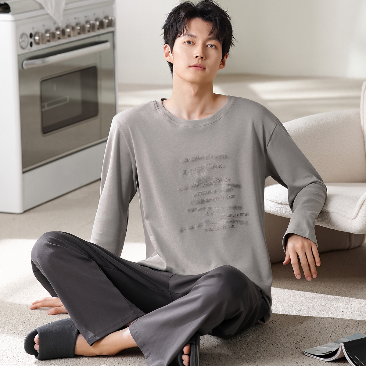 13841605.猫人男士纯棉睡衣秋冬季新款长袖长裤男款家居服套装可外穿圆领套头