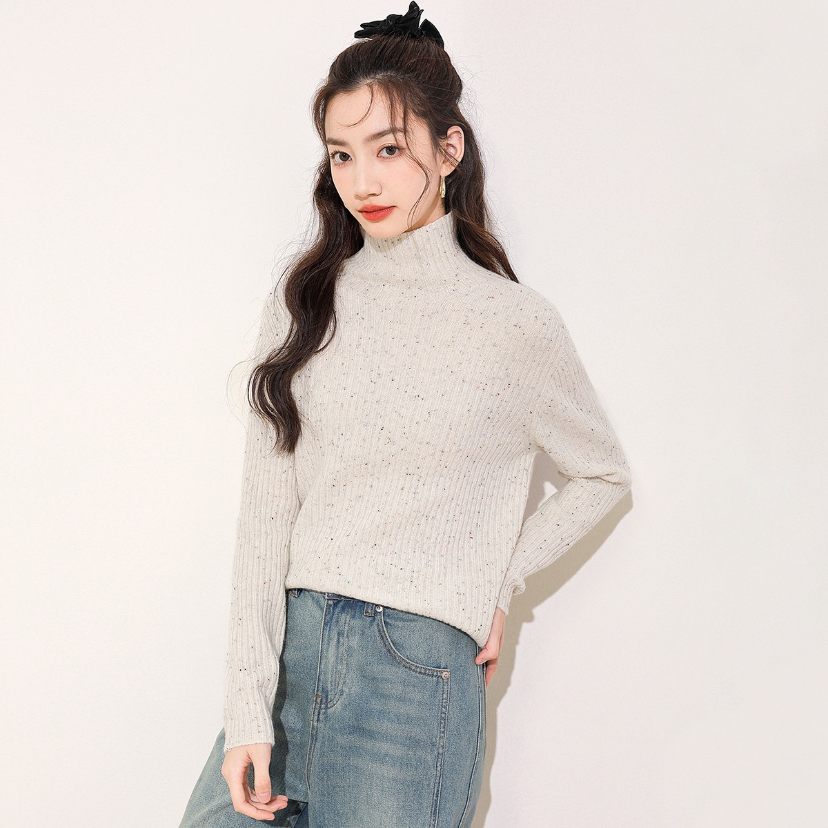 13841423.it ccaabb毛衫女秋季两翻高领休闲百搭针织衫毛衣含羊毛