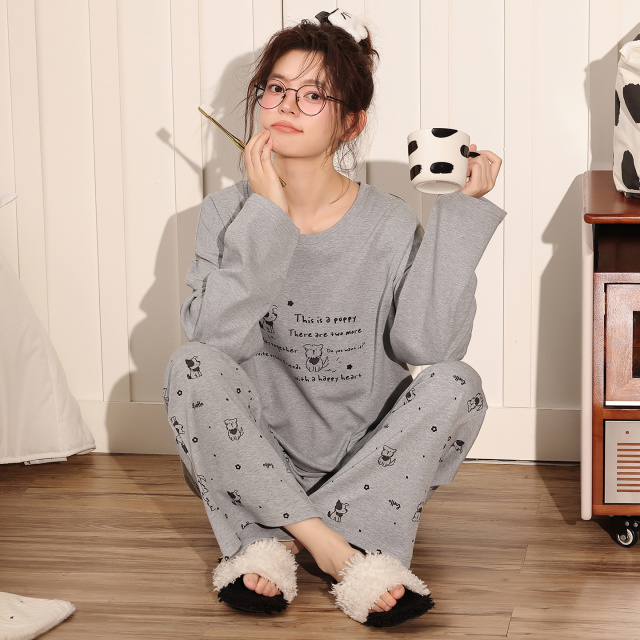 13839755.猫人睡衣女春秋季纯棉氨纶长袖长裤圆领套头高级感休闲家居服套装