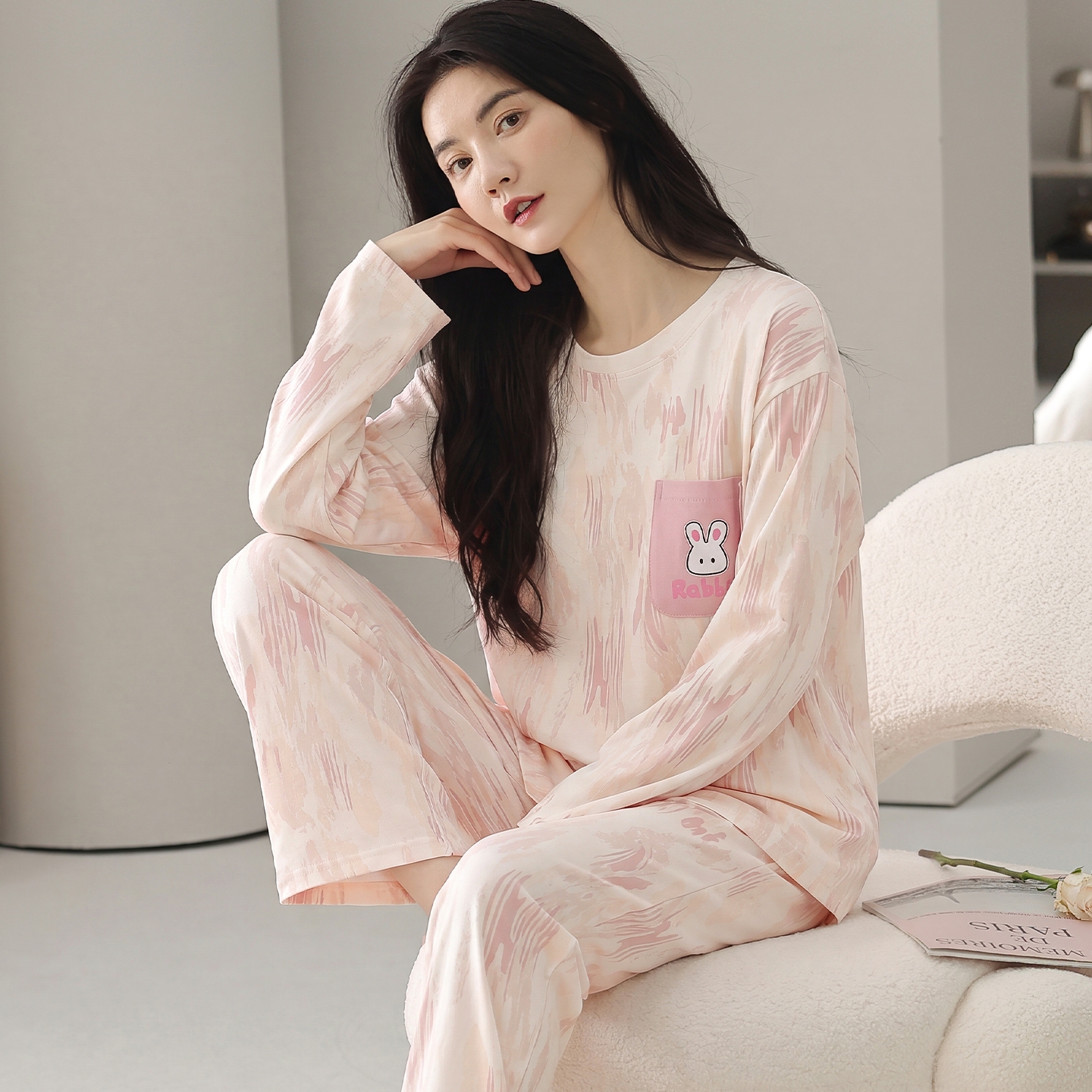 13840486.猫人纯棉睡衣女秋冬季长袖可外穿松弛感家居服套装