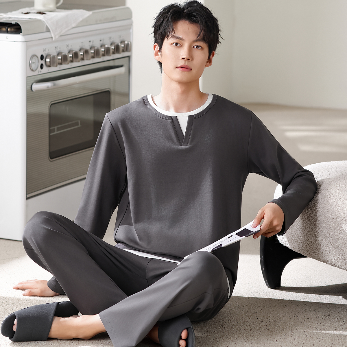 13841606.猫人睡衣男士纯棉长袖长裤春秋季天青中年家居服两件套装