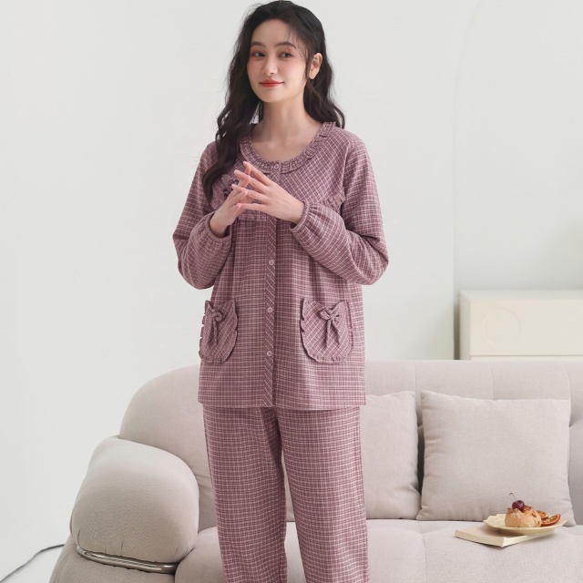 13841595.猫人全棉睡衣加厚长袖女纽扣开衫磨毛梭织纯棉加大码家居服套装新款