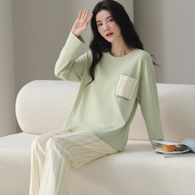 13839700.猫人纯棉睡衣女秋春季新款薄款长袖宽松可外穿简约家居服套装