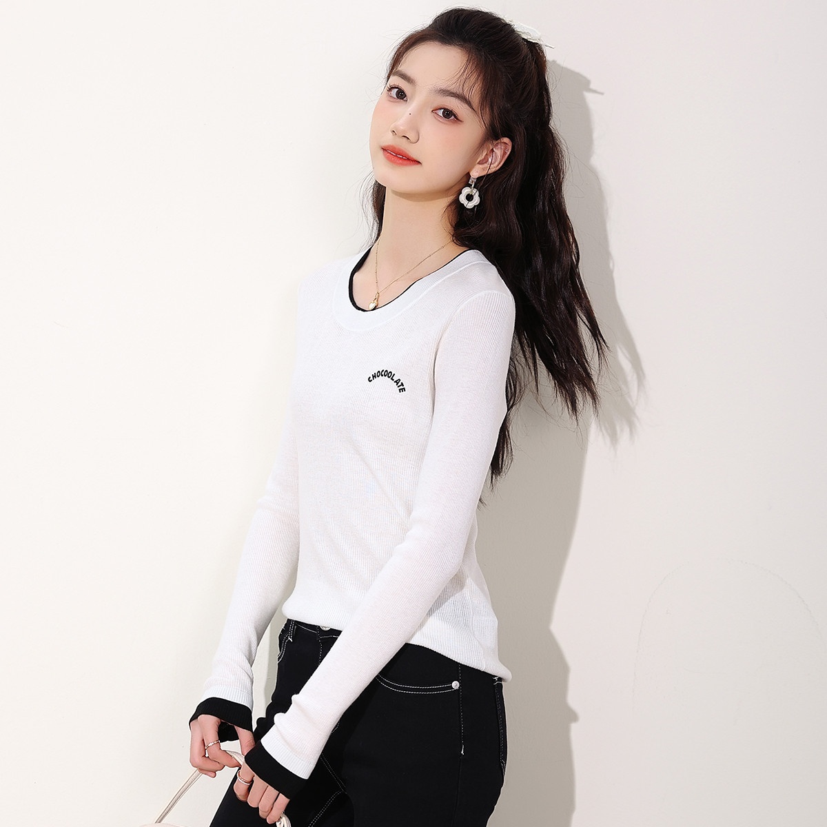 13841401.it CHOCOOLATE含羊绒桑蚕丝针织衫女秋季假两件上衣