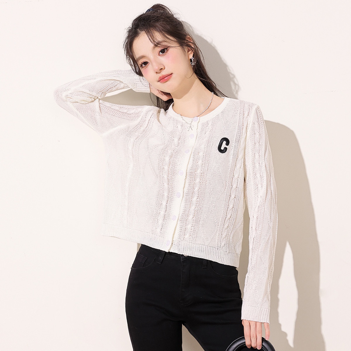 13841487.it ccaabb针织开衫女秋季薄款圆领长袖绞花毛衣外套女