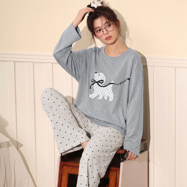 13839758.猫人纯棉女款睡衣时尚好看春秋季宽松舒适家居服二件套秋冬可外穿