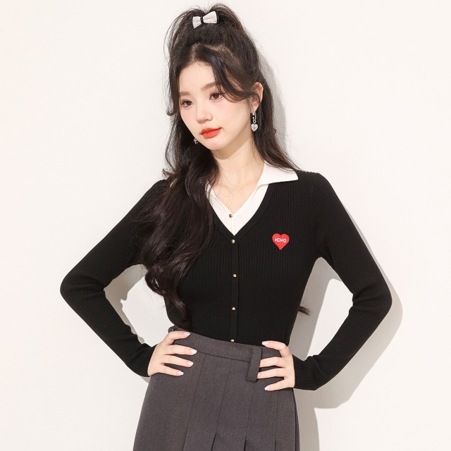 13841419.it CHOCOOLATE时尚假两件女士羊毛衫秋季翻领长袖针织衫女