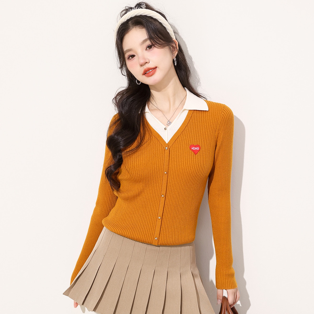 13841419.it CHOCOOLATE时尚假两件女士羊毛衫秋季翻领长袖针织衫女