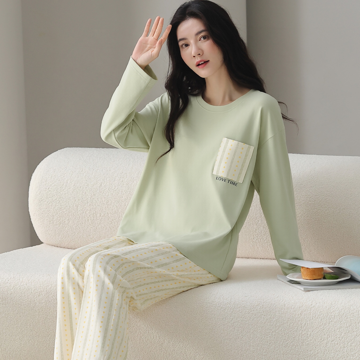 13839700.猫人纯棉睡衣女秋春季新款薄款长袖宽松可外穿简约家居服套装