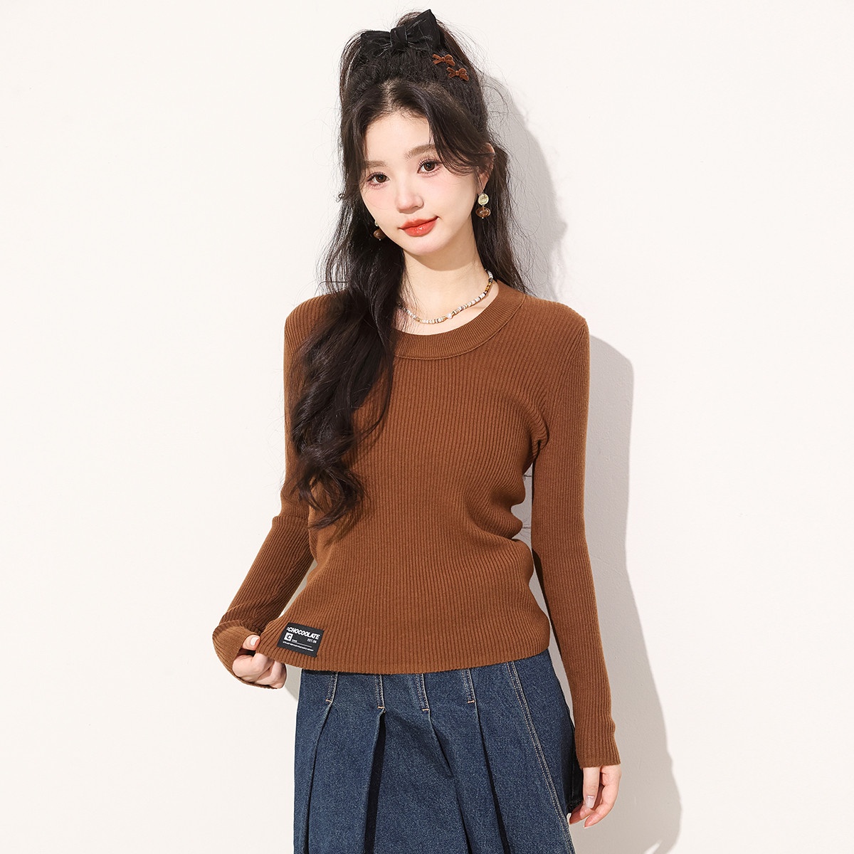 13841900.it CHOCOOLATE含羊毛针织衫女圆领长袖修身针织打底衫女