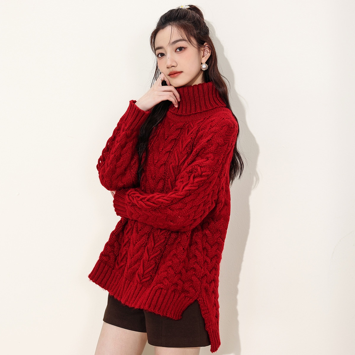 13842033.it ccaabb时尚绞花高领针织衫女秋保暖高级感针织毛衣女