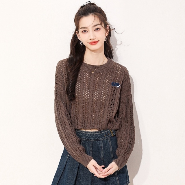 13841941.it ccaabb时尚镂空针织衫女秋季小个子短款长袖女士上衣