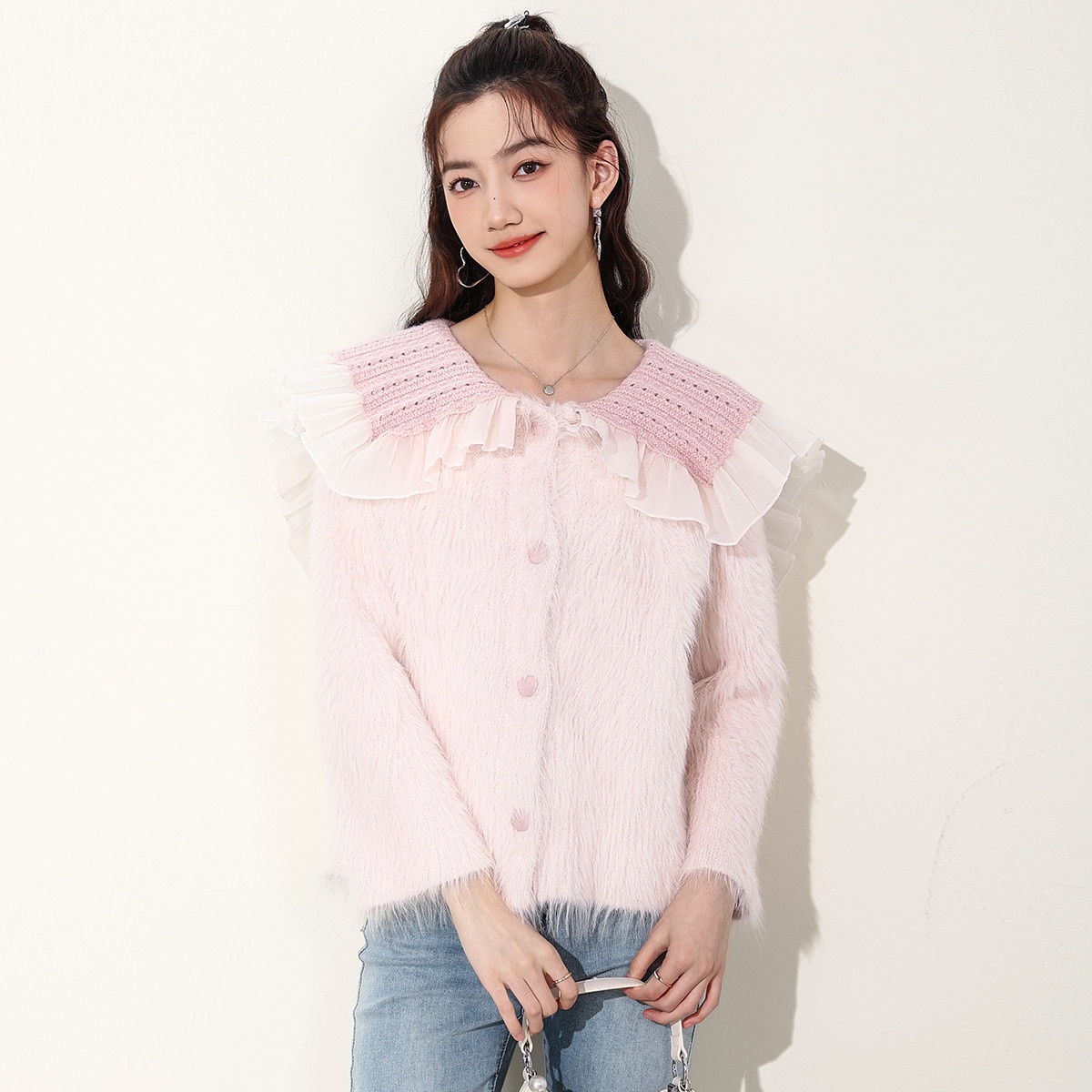 13841981.it ccaabb拼接花边领外套女秋季甜美时尚名媛风针织开衫女