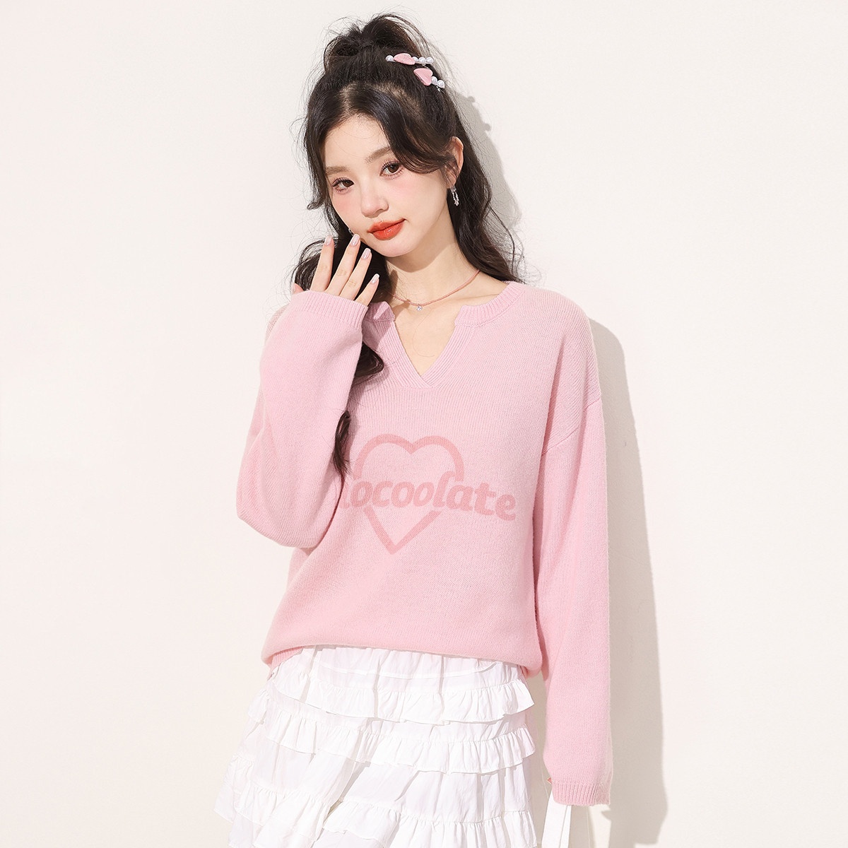 13841888.it CHOCOOLATE100%打底衫女秋季v领羊毛针织衫