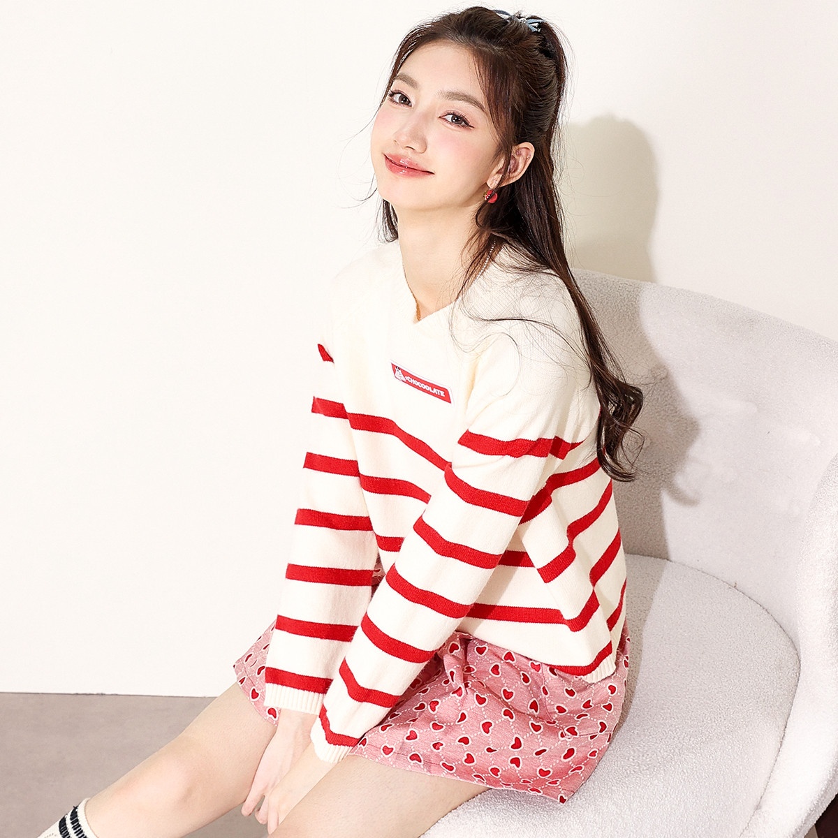 13841804.it CHOCOOLATE时尚休闲撞色条纹针织衫女秋季毛衣