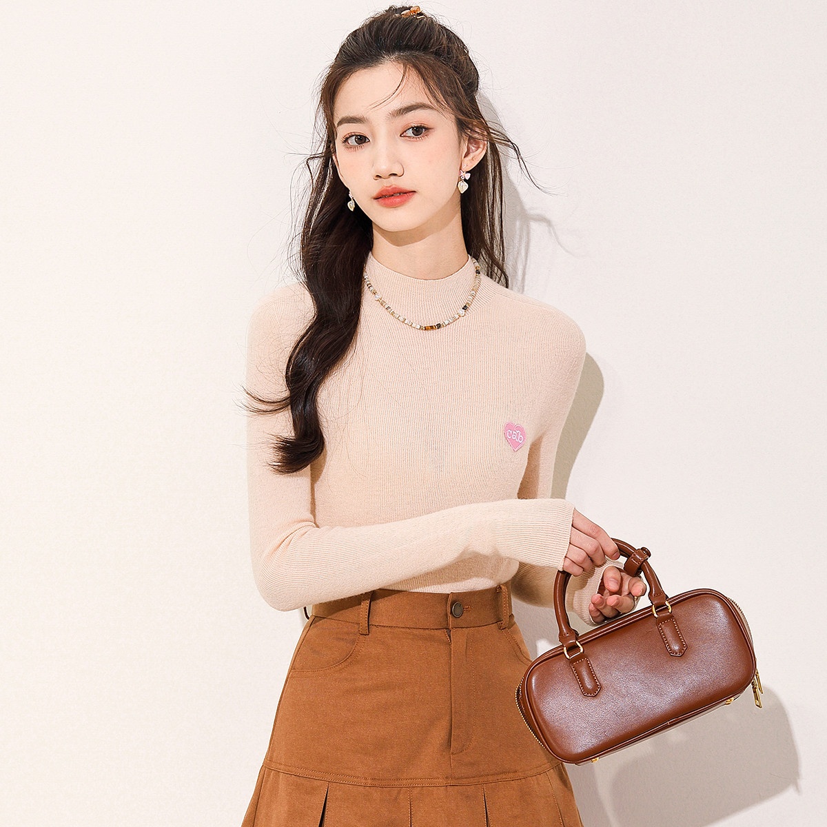 13841800.it ccaabb打底衫女领长袖半高针织衫女休闲修身纯羊毛衫