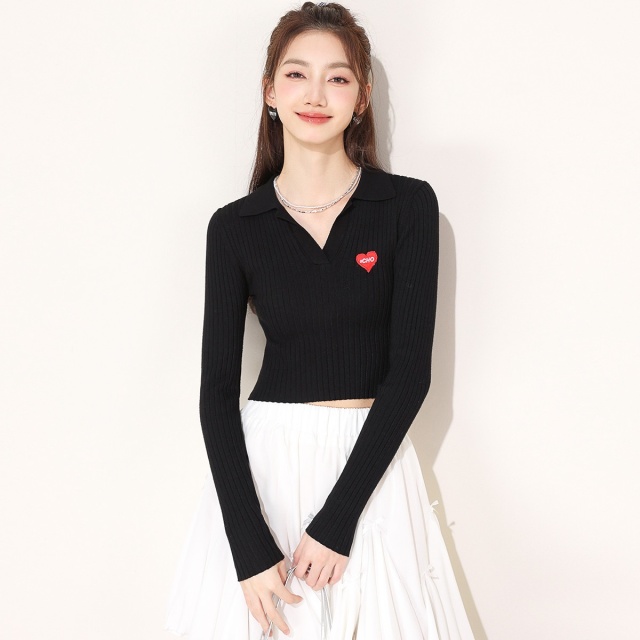 13841906.it CHOCOOLATE短款小个子Polo领修身长袖针织衫女