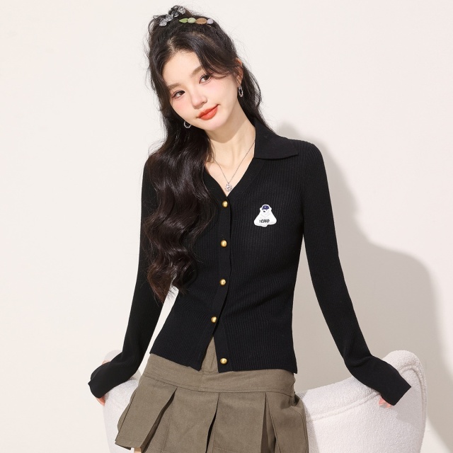13841831.it CHOCOOLATE含羊毛翻领修身小开衫女秋季百搭长袖针织衫
