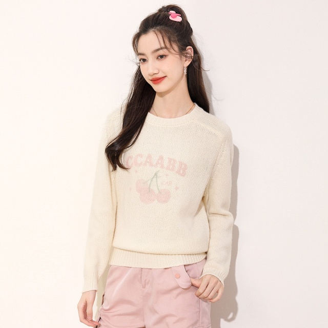 13841903.it ccaabb针织衫女秋季长袖印花女减龄100%纯羊毛衫