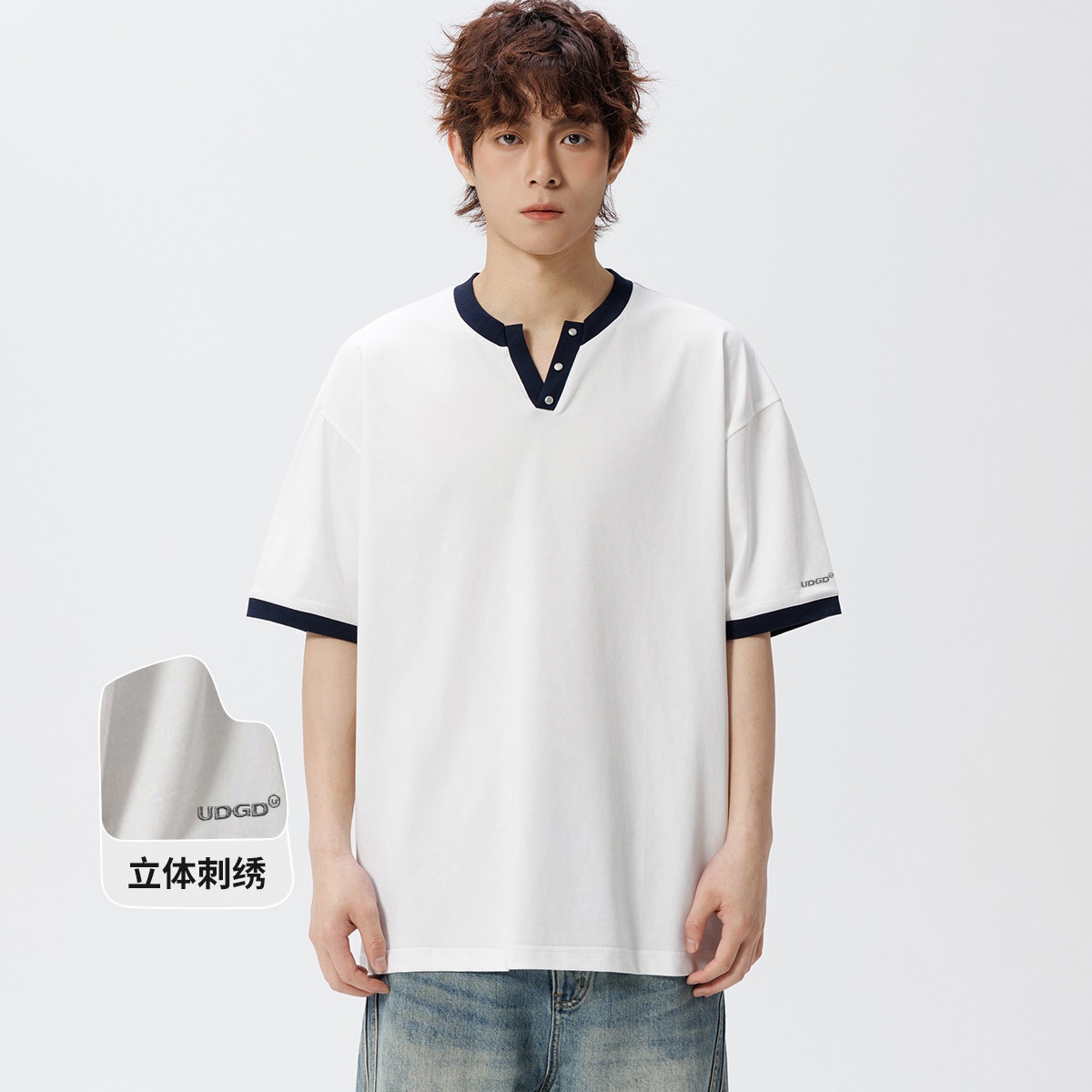 13842512.UDG假两件上衣透气轻薄冰爽t恤夏季设计感美式潮牌上衣衬衫男